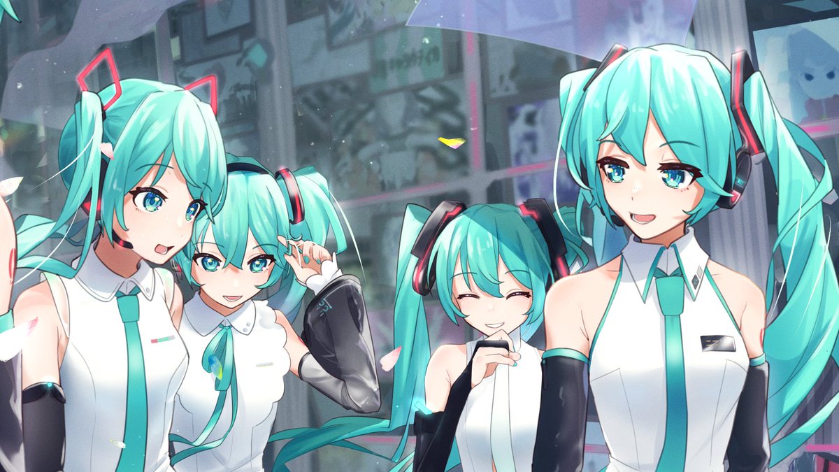 hatsune miku ,hatsune miku (append) shirt twintails aqua ribbon sleeveless shirt white shirt multiple girls black sleeves  illustration images