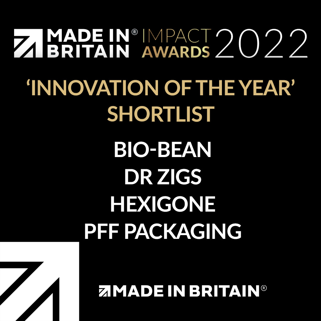 MadeinBritainGB's tweet photo. Made in Britain is delighted to announce the shortlisted entries for the ‘Innovation of the Year’ award at our Impact Awards 2022.

Good luck to our shortlisted members:

> @biobean 
> @DrZigs 
> @hexigone_ltd 
> @PFFPackaging 

#MadeinBritain #UKMFG #Sustainability https://t.co/vC3NukqOMm
