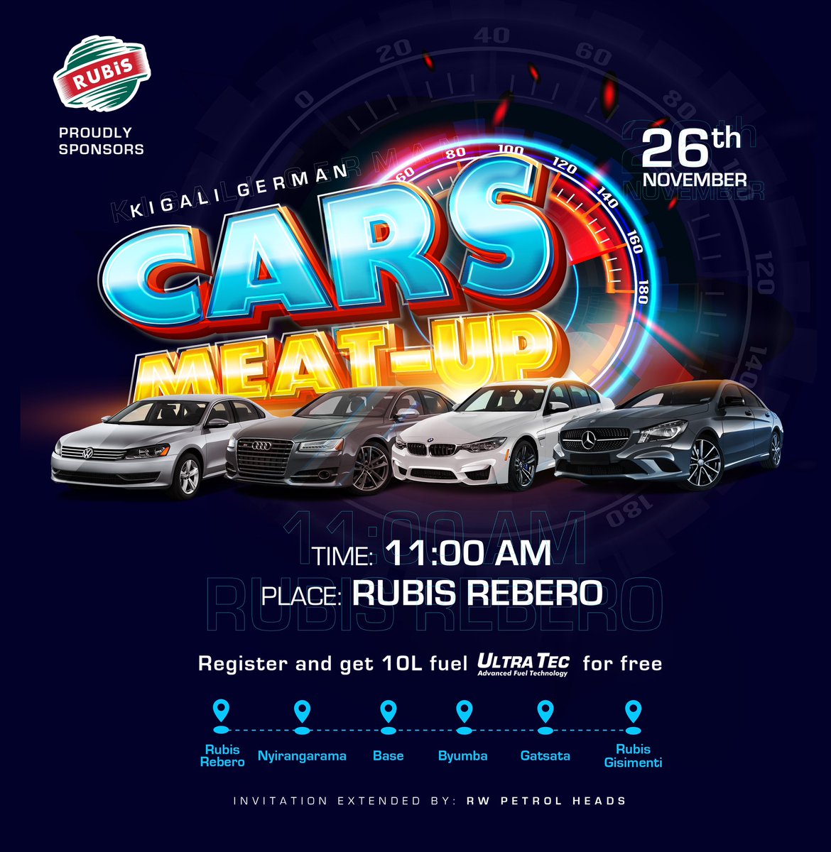 RW-Petrolheads is happy to invite you to the first edition of German cars and Meats slated for 26th November 2022 after Umuganda, We are going to meet at Rubis Rebero 11:00 am.

Register and get 10L of fuel (Ultratec) for free bit.ly/Cars-Meats