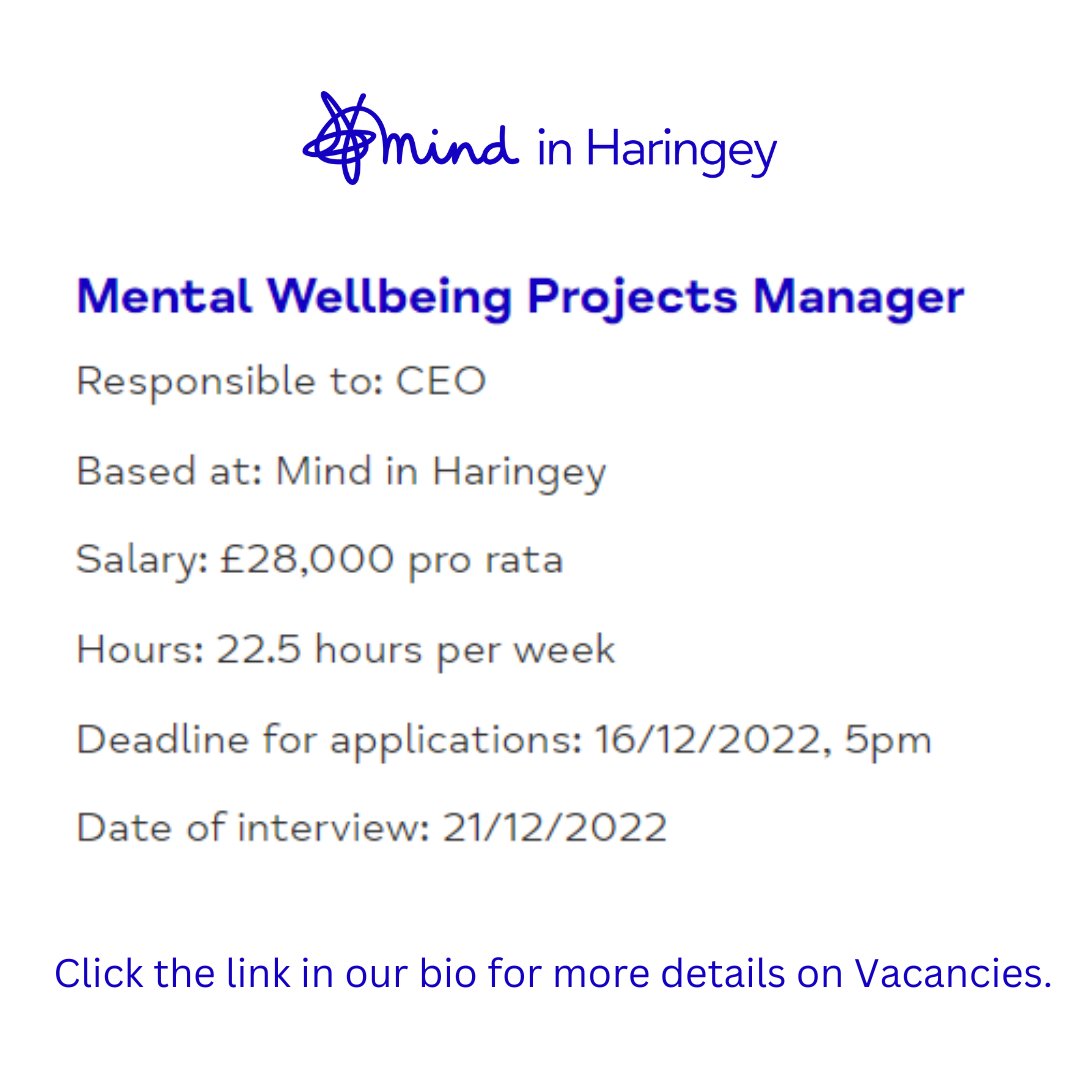 MindinHaringey's tweet photo. Do you want to make a difference in Haringey Community?
Our welcoming team at Mind in Haringey is looking for a Mental Wellbeing Projects Manager. Could this be you?
Please find the details under Vacancies in our bio.

#vacancies #haringey #northlondon #BAME #mentalhealth https://t.co/B7v8SamwAY