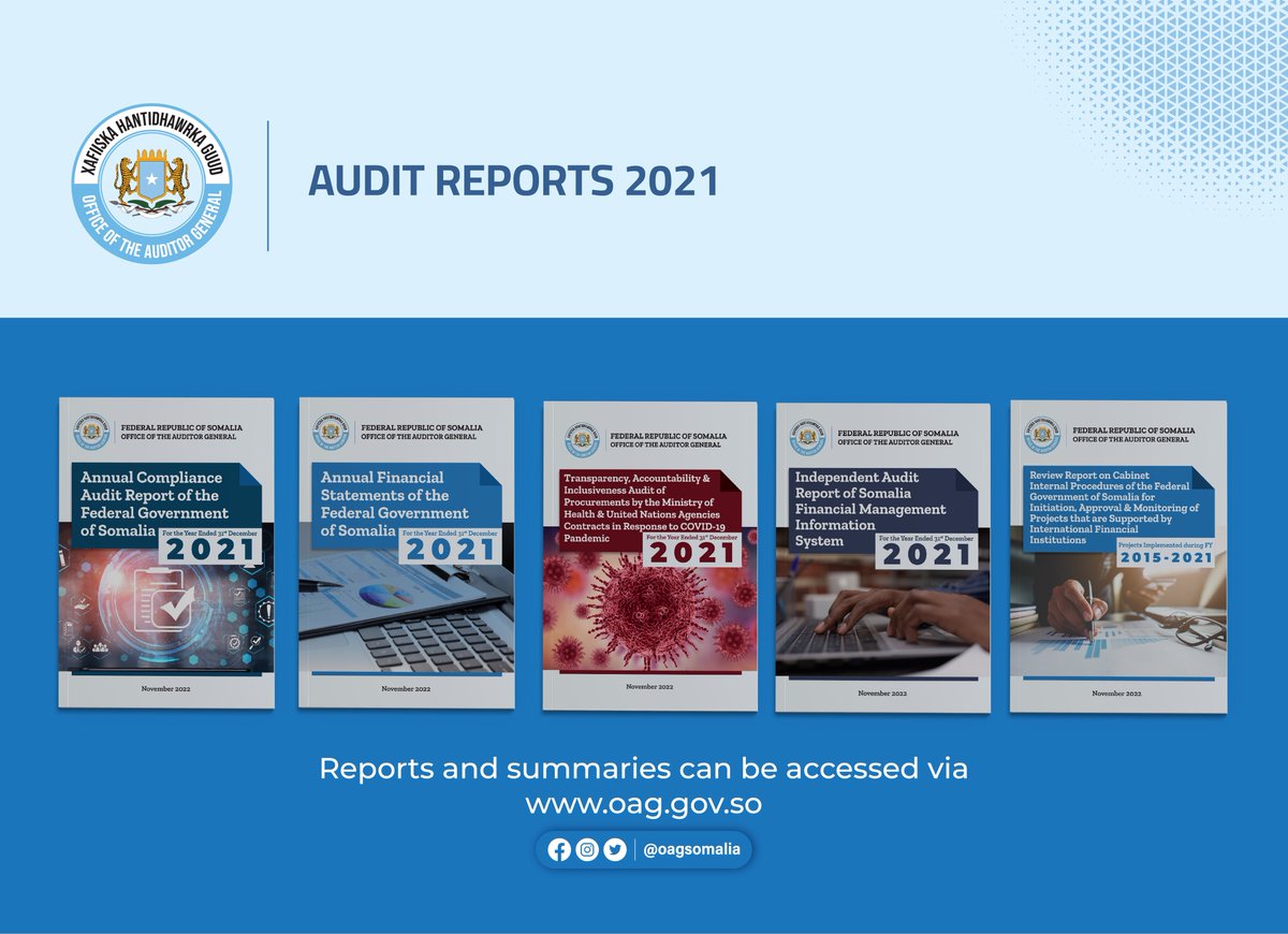 oagsomalia's tweet photo. 1/4 Annual Audit Reports for 2021 are out🚨

Published👇🏾
🏦Financial Audit Report
✅Compliance Audit Report
📝Review Report on Procedures for IFIs Projects
😷Transparency, Accountability, Inclusiveness on COVID-19
💻SFMIS Audit Report

Download reports: https://t.co/EV25HOa767 https://t.co/7y4kzndAy0