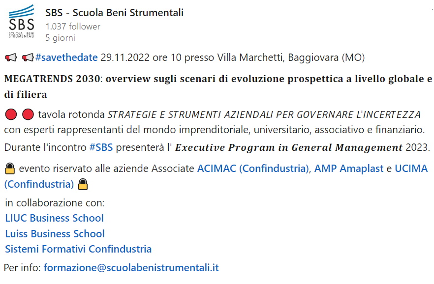 sfc_it's tweet photo. 📢📅Il 29 novembre parte il 1° Executive in #GeneralManagement dei beni strumentali promosso da #ACIMAC, @AMP_Amaplast e @UCIMAorg realizzato con #SFC, @LuissBusiness e @UniLIUC Business School con un evento dedicato ai #MEGATRENDS2030 globali e di filiera. Per maggiori info 👇 https://t.co/l9mKrjl8xS