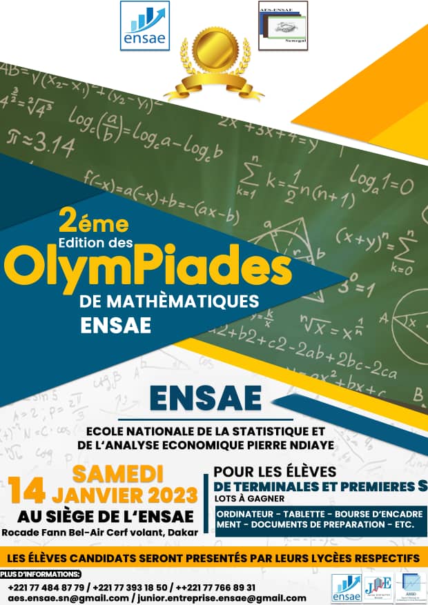 AesEnsae's tweet photo. La date de la 2e édition des olympiades de Mathématiques de l'ENSAE est enfin connu. 14 Janvier 2023 au siège de l'ENSAE. 
N'oubliez pas la date. Ensemble célébrons l'excellence à travers les Mathématiques. https://t.co/YT8WkrDP9W