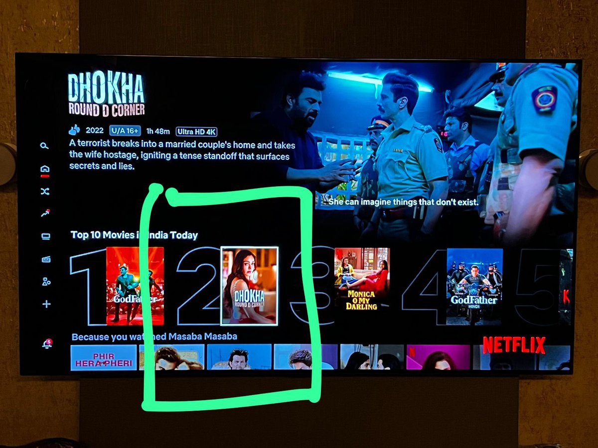 No. 2 on @NetflixIndia !! Thank you everyone for your love & appreciation for our film #dhokharounddcorner 🙏🏻😊