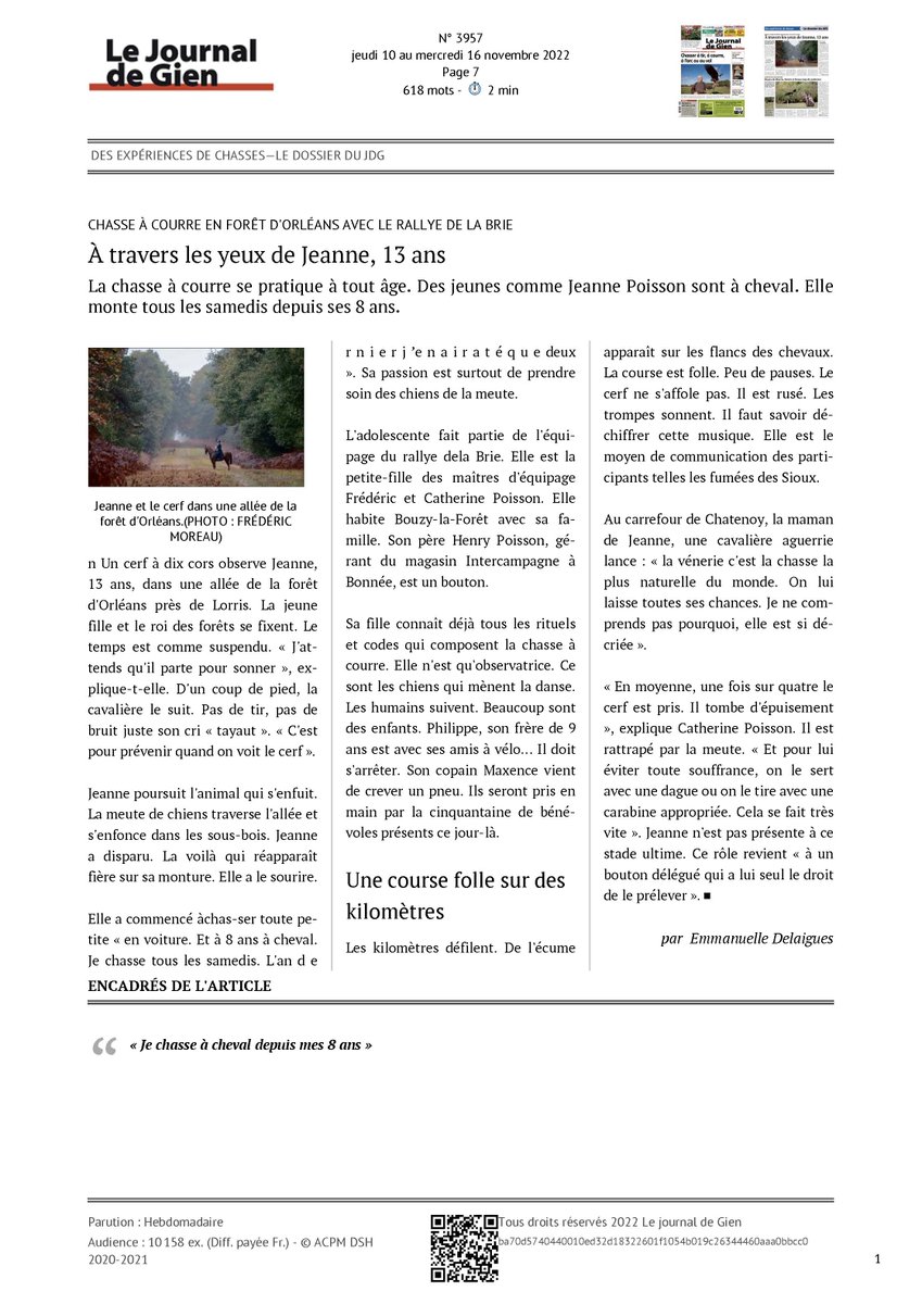 chasseacourre's tweet image. [Jeanne, 13 ans, passionnée de #ChasseACourre] 

À la lecture de cet article, on se souvient pourquoi on se bat tous les jours pour faire perdurer la #Venerie.

Bravo Jeanne ! Et merci au Journal de Gien pour ce joli portrait 🥰