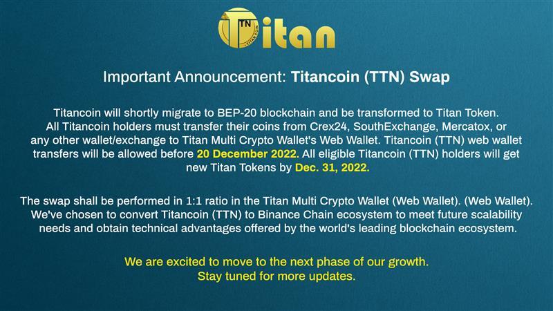 ttnexch's tweet photo. Important Announcement for Titancoin (TTN) Holders
.
.
.
.
.
.
#titan #cryptocoin #cryptocurrency #cryptonews #cryptolearning #cryptolatestnews #cryptocurrencynew #cryptonews2022 #cryptocoinnews💪 #cryptoworld #safecrypto #cryptolifeً #cryptoindiaupdates #cryptoupdate https://t.co/HUAPqGyNN8