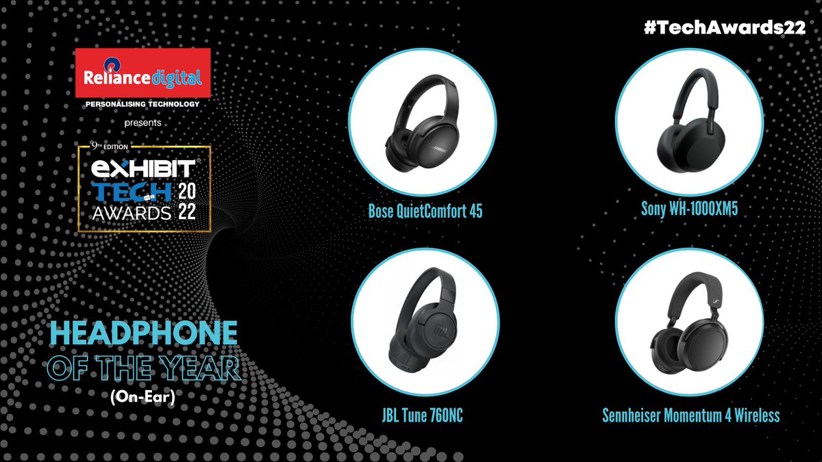 exhibitmagazine's tweet photo. #TechAwards22 presented by @RelianceDigital
Nominees of 'Headphone Of The Year': @Bose @sony_india @JBLaudio @SennheiserIndia
Vote now: https://t.co/x84qjx4yOj
Watch your favorites win on the 12th of December at Leela Ambience, Gurugram. #TechAwards #AnExhibitProperty https://t.co/T2RvLImw74