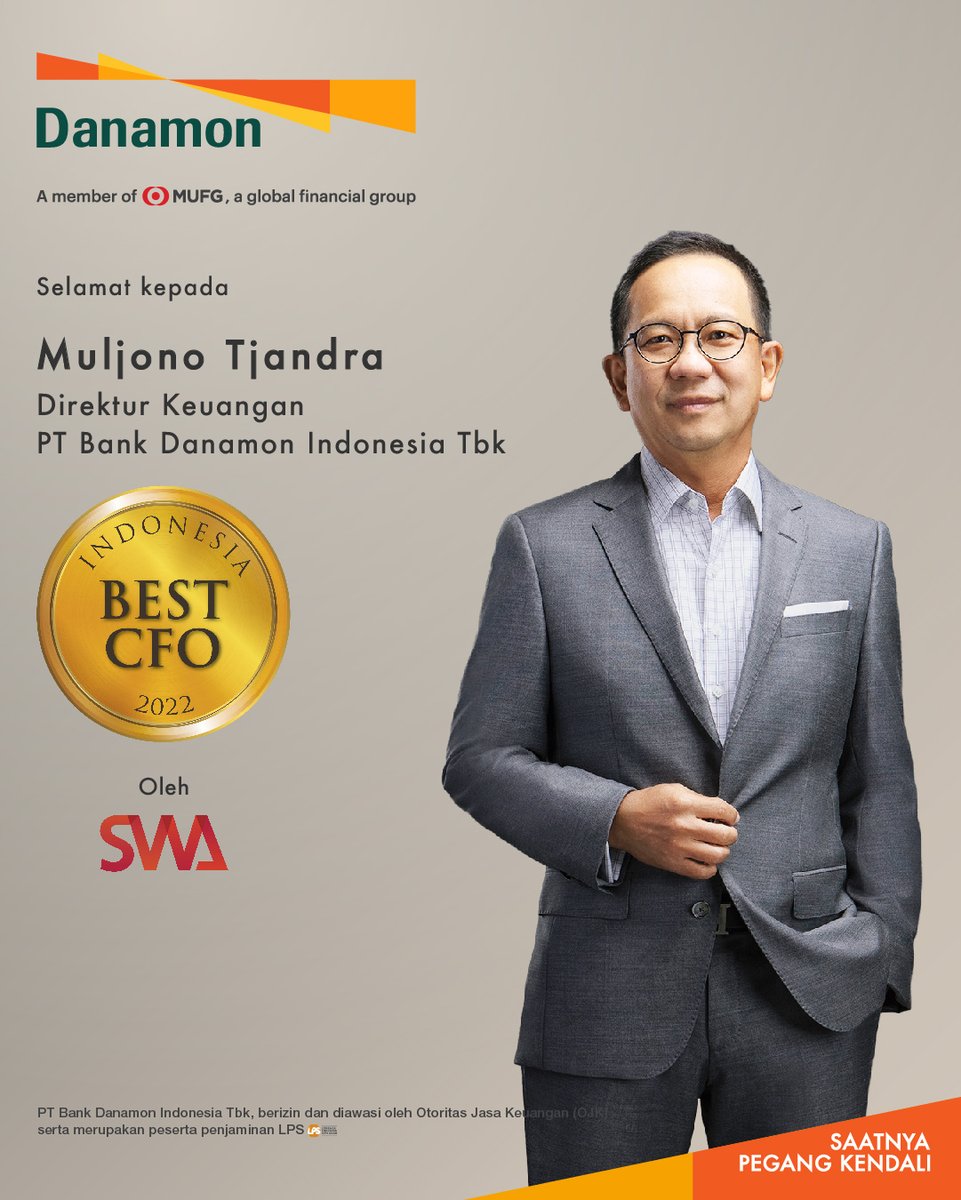 danamon's tweet photo. Penghargaan dan apresiasi diberikan kepada Muljono Tjandra selaku Direktur keuangan PT Bank Danamon Indonesia Tbk pada penghargaan tahunan Indonesia Best CFO Awards 2022 yang diselenggarakan oleh SWA.

#Danamon #Saatnyapegangkendali https://t.co/j7yzszeYms