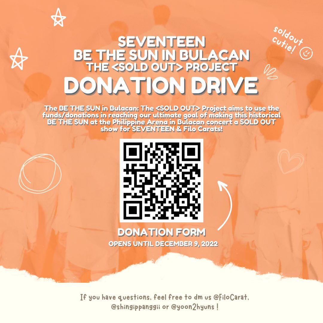 FiloCarat's tweet photo. 📢 #SEVENTEEN BE THE SUN in BULACAN: The <SOLD OUT> Project 🇵🇭

Filo &amp; Int’l Carats! 💎
We are holding a donation drive for #BETHESUNinBulacan to achieve a SOLD OUT CONCERT goal for SVT! ✨

🔗 DONATION Form: https://t.co/XJa7u9BTDh
🗓️ Nov 22-Dec 9, 2022
📳 GCash / BPI / PayPal https://t.co/OhFEMHpdN1