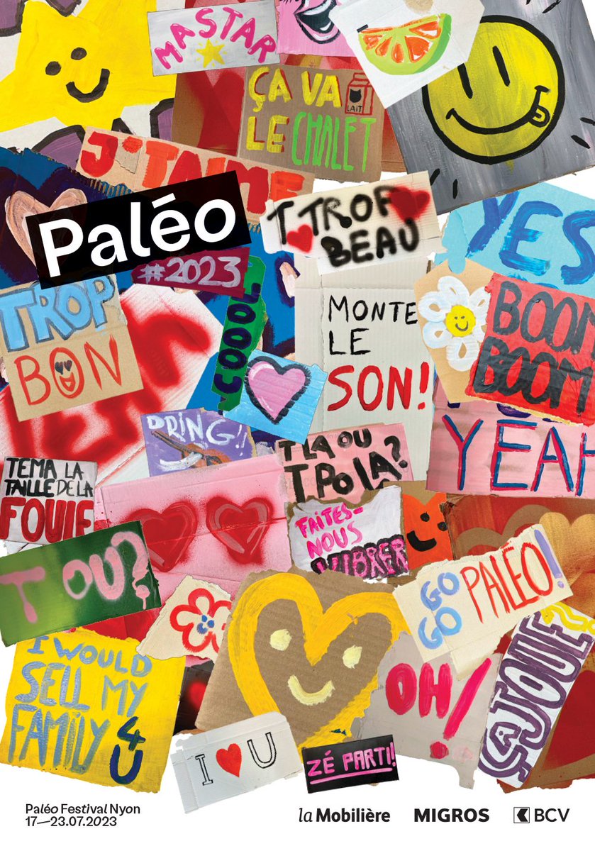 Le nouveau visuel du prochain Paléo Festival avec plein de pancartes originales, joyeuses et positives.