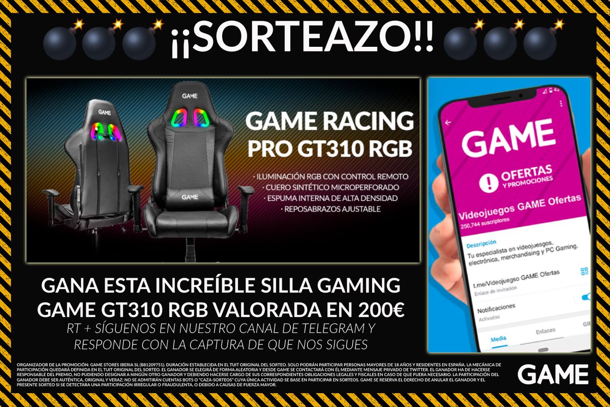 🎁 ¡GANA esta espectacular silla Gaming GAME GT310 RGB! 🎁

🔄 RT + Síguenos en Telegram.
📲 Responde con pantallazo de que nos sigues.
⏱ Participa hasta el 27-11.

#GAMEBlackFriday 

No te pierdas nuestro #Telegram 👇👇👇
ow.ly/ojFN50LKvM3