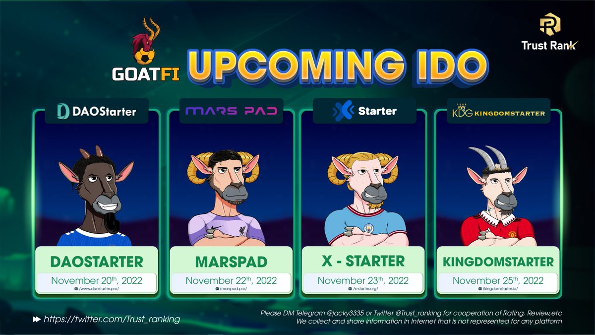 Trust_ranking's tweet photo. 🔥🔥Buy @GoatFiCrypto through IDO events launched on:
✔️@DaoStarter
✅@MarspadPro
✅@X_Starter_
✅@KingdomGame_KDG
#GoatFi #IDO #Lauchpad https://t.co/uSeVHGfFdG