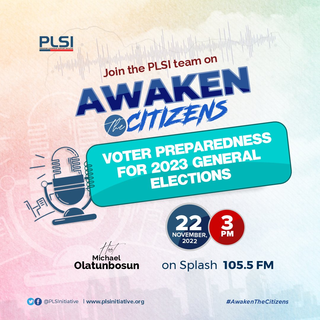PLSI (@plsinitiative) on Twitter photo Join us today from 3pm WAT on <a href="/SplashFM1055/">The Splash FM Ibadan</a> as we discuss "Voter Preparedness for 2023 General Elections" with our host <a href="/miketunbosun/">Michael Olatunbosun</a>.
Listen online: onlineradiobox.com/ng/splashfm/?c…
#AwakenTheCitizens
#TalkingPoints Join us today from 3pm WAT on <a href="/SplashFM1055/">The Splash FM Ibadan</a> as we discuss "Voter Preparedness for 2023 General Elections" with our host <a href="/miketunbosun/">Michael Olatunbosun</a>.
Listen online: onlineradiobox.com/ng/splashfm/?c…
#AwakenTheCitizens
#TalkingPoints