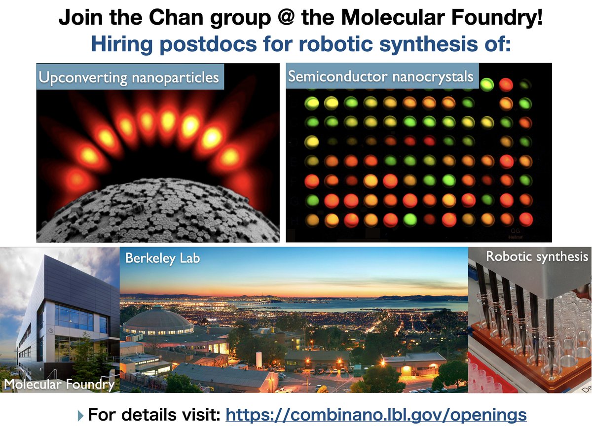 The Chan group <a href="/molecularfndry/">Molecular Foundry</a> <a href="/BerkeleyLab/">Berkeley Lab</a> is hiring! Seeking postdoctoral candidates with experience in nanocrystal synthesis, robotics, and/or ML.  Job descriptions &amp; instructions here: combinano.lbl.gov/openings

Please RT! @chemjobber #chemtwitter #chempostdoc