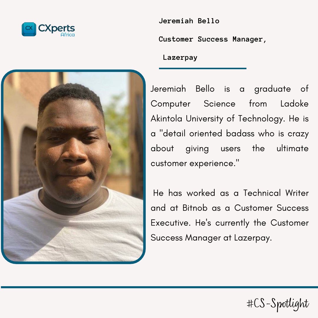 CXperts_Africa's tweet photo. Our Spotlight for the month of November is 🥁🥁🥁 @0bservist He is the Customer Success Manager at @lazerpay 

#CX #CxpertsAfrica #Csspotlight #lazerpay https://t.co/nqSG850o7y