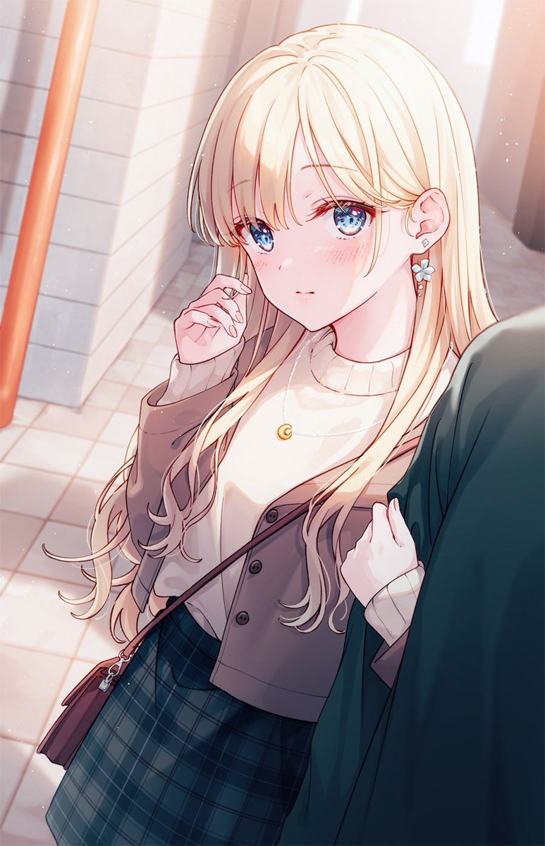 1girl blonde hair jewelry skirt blue eyes earrings long hair  illustration images