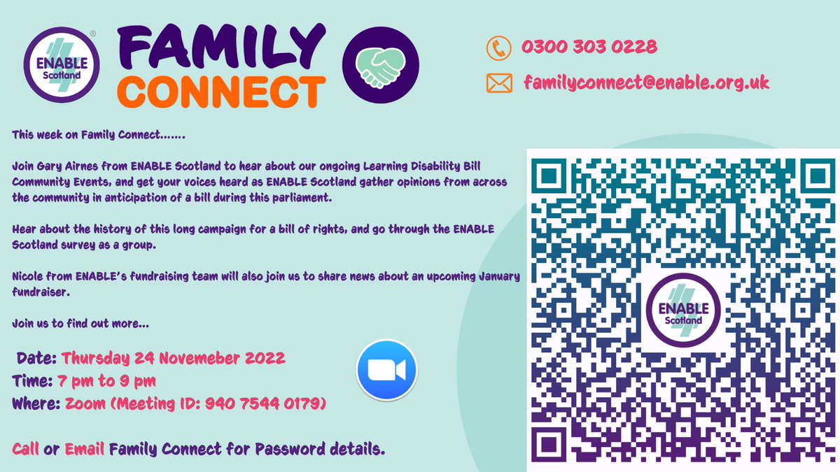 This Week on #FamilyConnect.... Join @Gary_ENABLE to discuss the all important #LearningDisabilityBill. We will also be joined by @Nicole_ENABLE to hear about some exciting January fundraising ideas! Looking forward to seeing you there 🙂 #ENABLEScotland #LDANBill