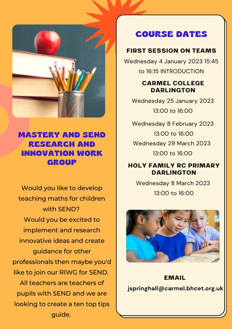 <a href="/NCETM/">NCETM</a> <a href="/MathsHubs/">MathsHubs</a>
Mastery and SEND
Opportunity for Primary and Secondary Teachers -
Sign up today
eventbrite.co.uk/e/research-and…