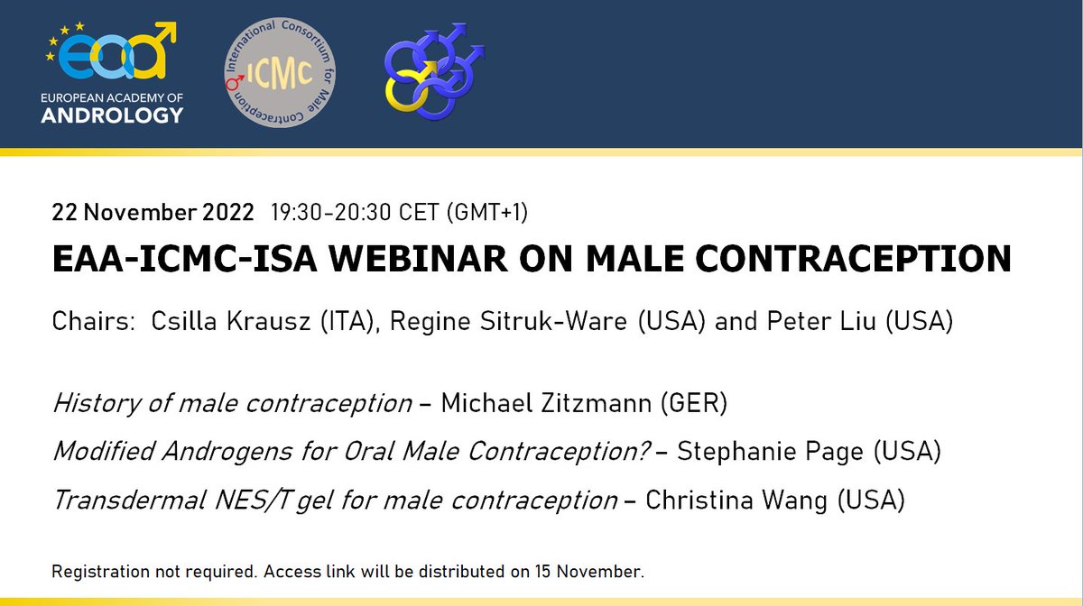 We wish to remind all EAA members the webinar on male contraception, a joint effort by @EAAndrology, @ISA_Andrology and ICMC, today at 19.30 CET (GMT +1). No registration necessary, EAA members will find the link in their inboxes.