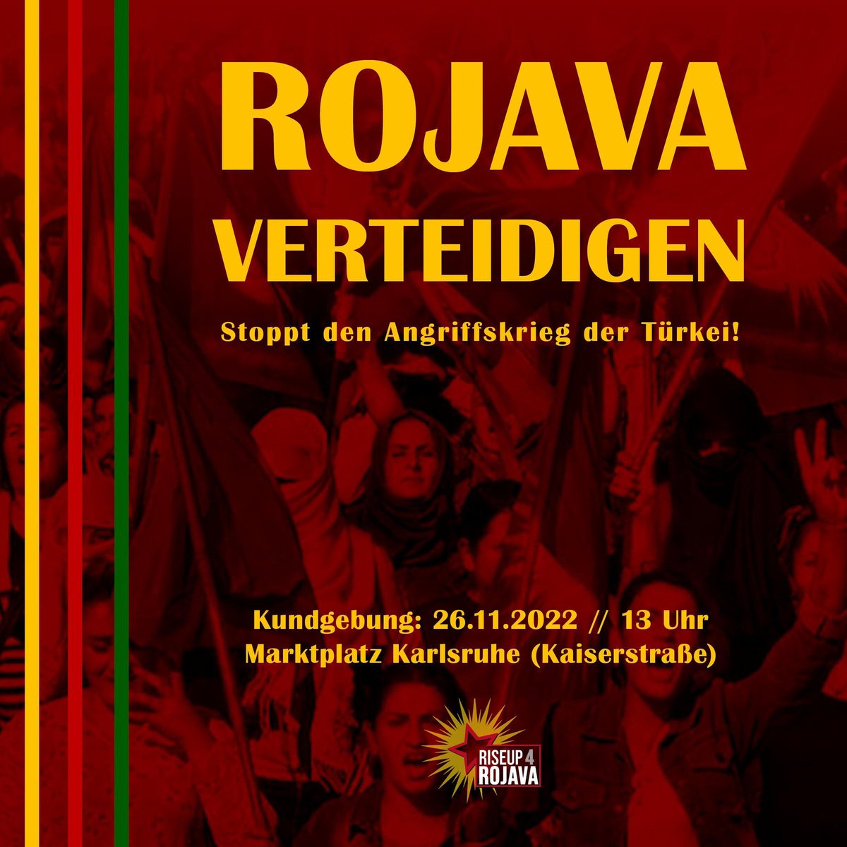 KlimakollektivK's tweet image. Gegen den türkischen Angriffskrieg auf die Straße!
📍Kundgebung in Karlsruhe:
Sa. 26.11. 13:00 Marktplatz
Aktuelle Infos zur Lage in Rojava:
@FiratNews_DE
@civaka_azad
@RojavaIC
Zu Solidaritätsaktionen in DE/A/CH:
@Riseup4rojavaD