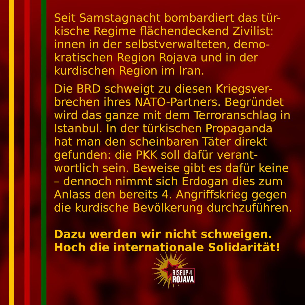 KlimakollektivK's tweet image. Gegen den türkischen Angriffskrieg auf die Straße!
📍Kundgebung in Karlsruhe:
Sa. 26.11. 13:00 Marktplatz
Aktuelle Infos zur Lage in Rojava:
@FiratNews_DE
@civaka_azad
@RojavaIC
Zu Solidaritätsaktionen in DE/A/CH:
@Riseup4rojavaD