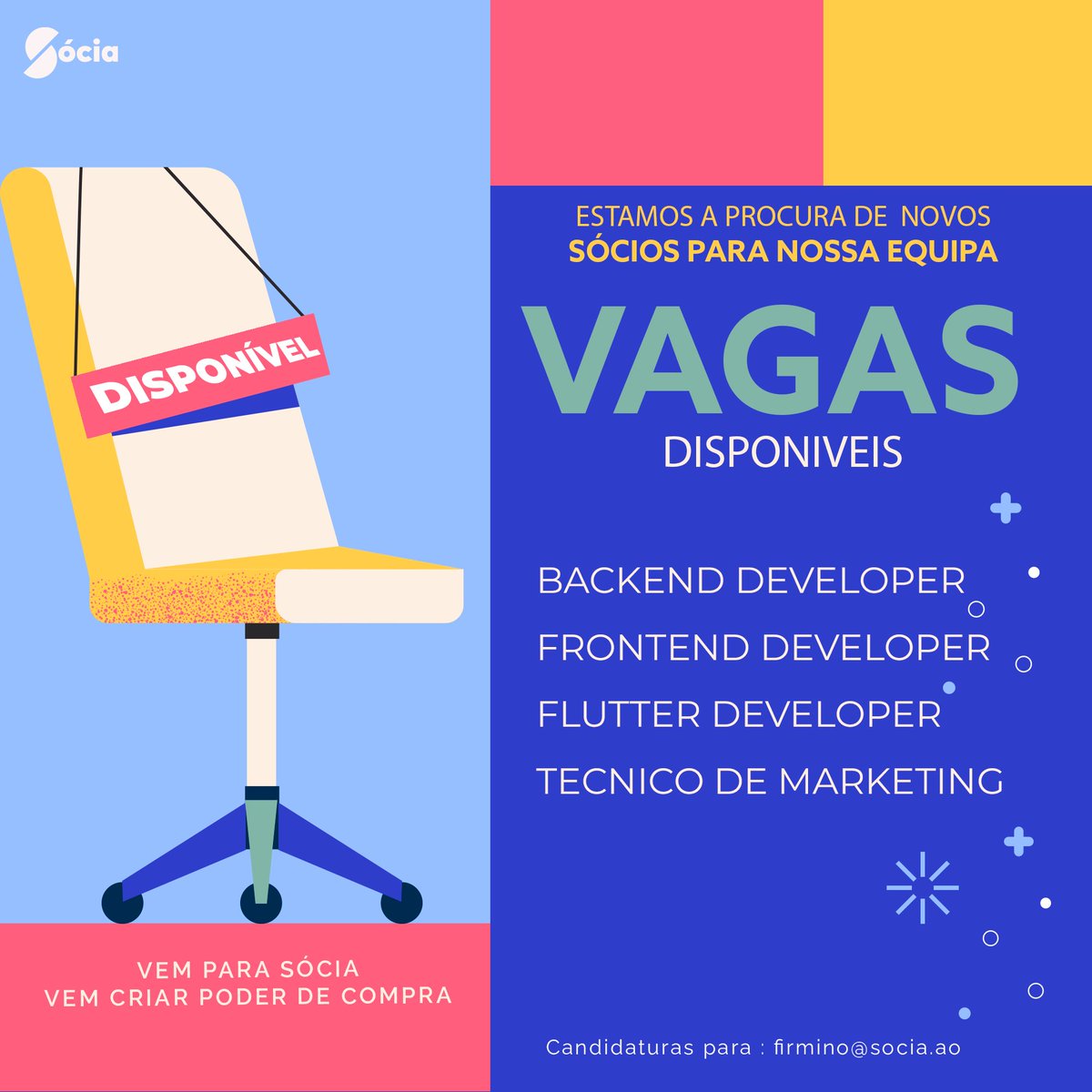 augustofirmino's tweet photo. Estamos com vagas abertas para a nossa equipe , se você adora criar coisas novas e actua em uma destas áreas vem para @SociaAO , vem construir o futuro connosco. https://t.co/OaaNn5elul