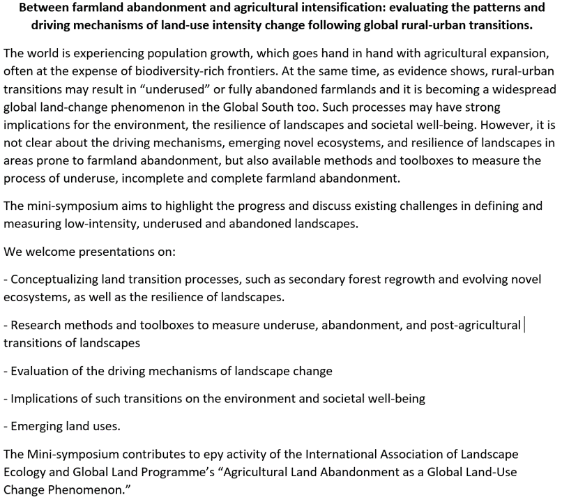 prial78's tweet photo. Another proposed session on farmland #abandonment #IALE
@ialeEurope #AbandonmentWG #GLP
world congress 2023 https://t.co/zmtECyoCMp
we welcome 4-5 presentations #abandonment #underuse #deintensification #secondaryforest. In face and zoom. Please PM with your title by Nov28 https://t.co/TA9WKaFAMA