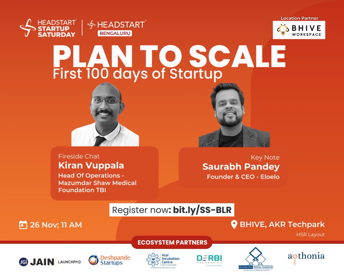(1/2)
This Startup Saturday brings to you "First 100 days of Start-up; Plan to scale"

We have got a lot planned for you!

Starting with a Key Note from Kiran Vuppala (<a href="/vnvvkiran/">Kiran Vuppala</a>) followed by a Fireside Chat with Saurabh Pandey (<a href="/Saurabh65616912/">Saurabh Pandey</a>)