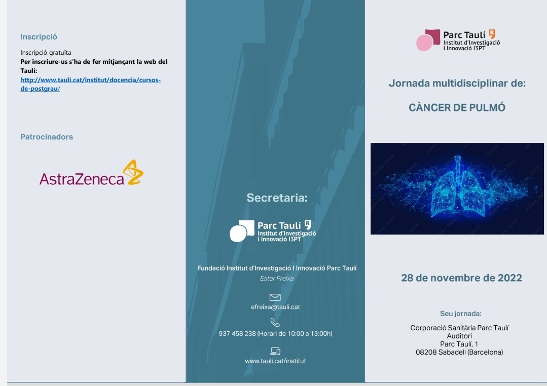 Aprovechando que Noviembre es el #LungCancerAwarenessMonth organizamos la Jornada Multidisciplinar de #cáncerdepulmón y presentamos la Unidad Funcional de Oncología Torácica (UFOT) de Parc Taulí <a href="/I3ptT/">Institut d'Investigació i Innovació Parc Taulí</a>

📍Auditori de <a href="/parctauli/">Consorci Corporació Sanitària Parc Taulí</a>
⌛️16.45h 

Inscripcions ⬇️

tauli.cat/institut/docen…