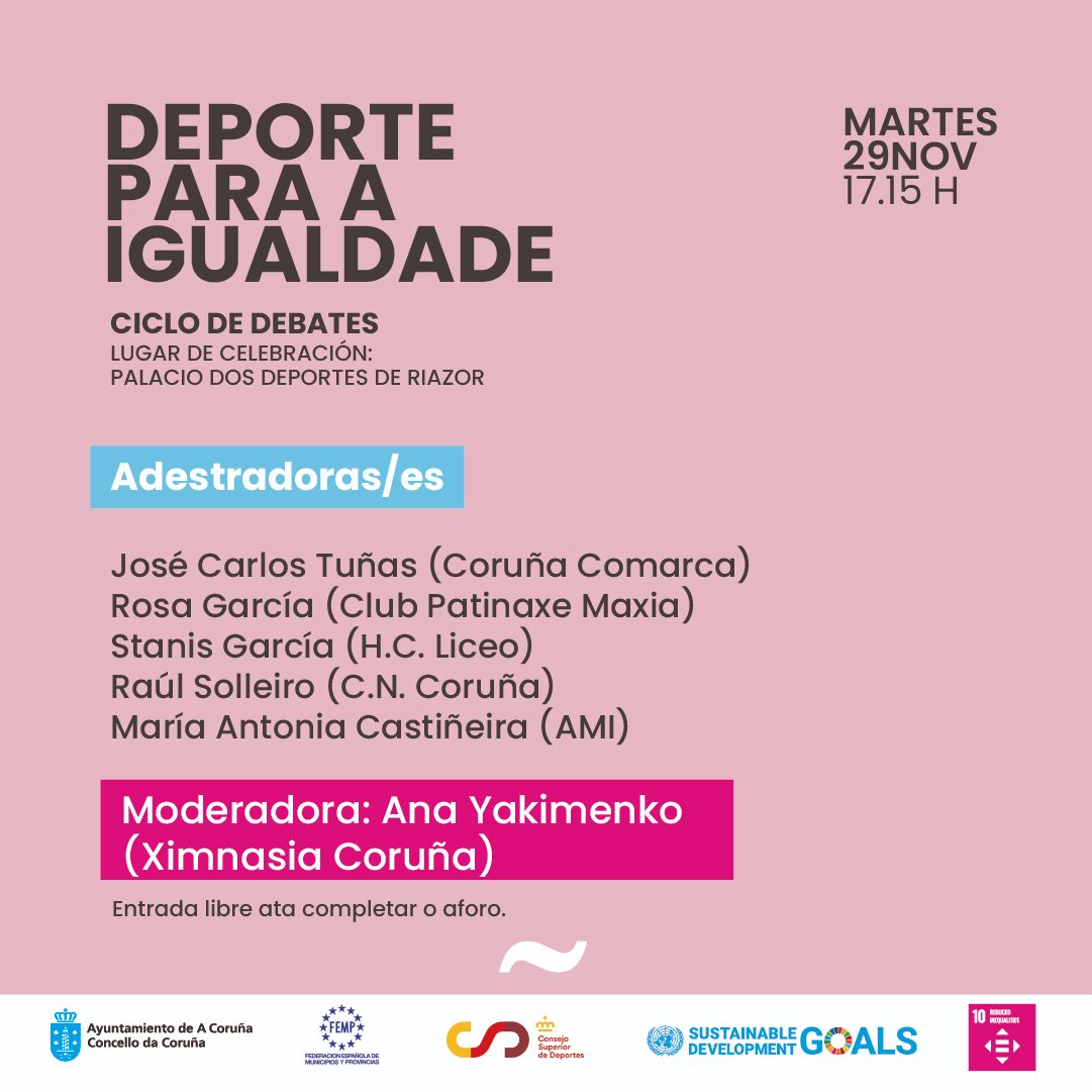 Chío 4/9

🔹 Adestradoras/es. 29 de novembro, 17.15 h, no Palacio dos Deportes:
▪ <a href="/josecarlostunas/">José Carlos Tuñas</a> (<a href="/CorunaComarca/">CoruñaComarca</a>)
▪ Rosa García (<a href="/cpa_maxia/">Maxia y Oleiros</a>)
▪ <a href="/Stanis06/">Stanis García</a> (<a href="/HockeyClubLiceo/">Hockey Club Liceo 🥬</a>)
▪ Raúl Solleiro (<a href="/CNCORUNA1/">CLUB NATACION CORUÑA</a>)
▪ M. A. Castiñeira (<a href="/amimontanismo/">Flx</a>)
🗣️ <a href="/AnaYaquimenko/">Ana Yaquimenko</a> (<a href="/ximnasiacoruna/">Ximnasia Coruña</a>)