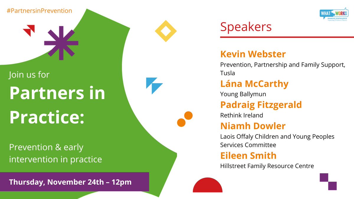 📢The annual <a href="/WhatWorksIrl/">What Works Ireland</a> Festival of Learning, a series of events on collaboration and partnership in prevention and early intervention for children and families, continues tomorrow and Thursday.

📍 See whatworks.gov.ie for further details.