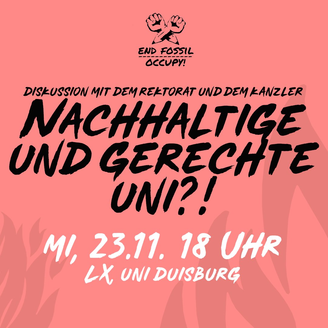 Morgen um 18 Uhr diskutieren wir mit Rektorat und Kanzler der @unidue über unsere Forderungen & die Positionierung unserer Universität. Es wird spannend, kommt vorbei!

Aus Essen wird es eine gemeinsame Anreise geben. Treffpunkt ist um 16:50 Uhr am Hbf.
#UDE4Future #EndFossil