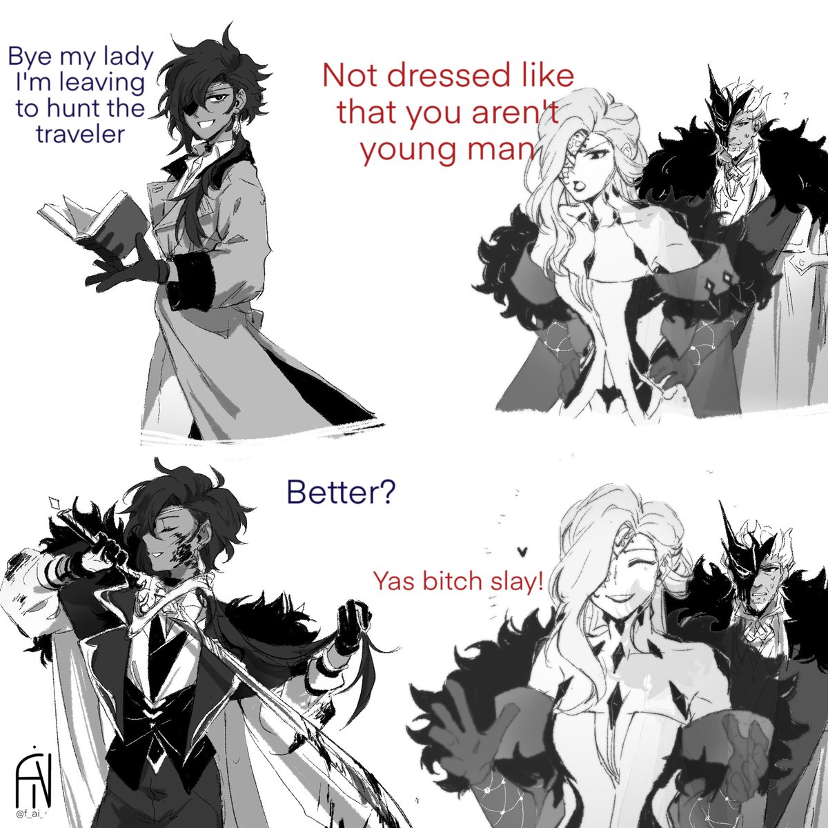 f_ai_n's tweet photo. (Fatui Adopt Kaeya AU) Signora's spirit is rooting for Kaeya's new outfit. Pierro is more worried of the outfit change than the fact Kaeya is actively murdering people https://t.co/LFKLABzo97