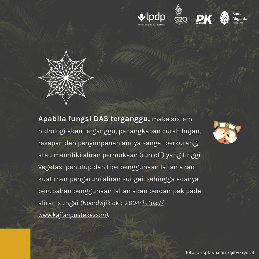 theonapit's tweet photo. Hai sobat SAKA!

Taukah Kalian bahwa Ekosistem DAS tidak hanya hewan dan manusia lho, ternyata ada vegetasi, tanah, iklim serta air. Lalu apa yang terjadi jika fungsi DAS terganggu?

@lpdp_ri

#DiriUntukNegeri
#PK195
#SuakaAbyakta
#AkuPastiMengabdi
#SDMunggulIndonesiaMaju https://t.co/ylyr63BSaq