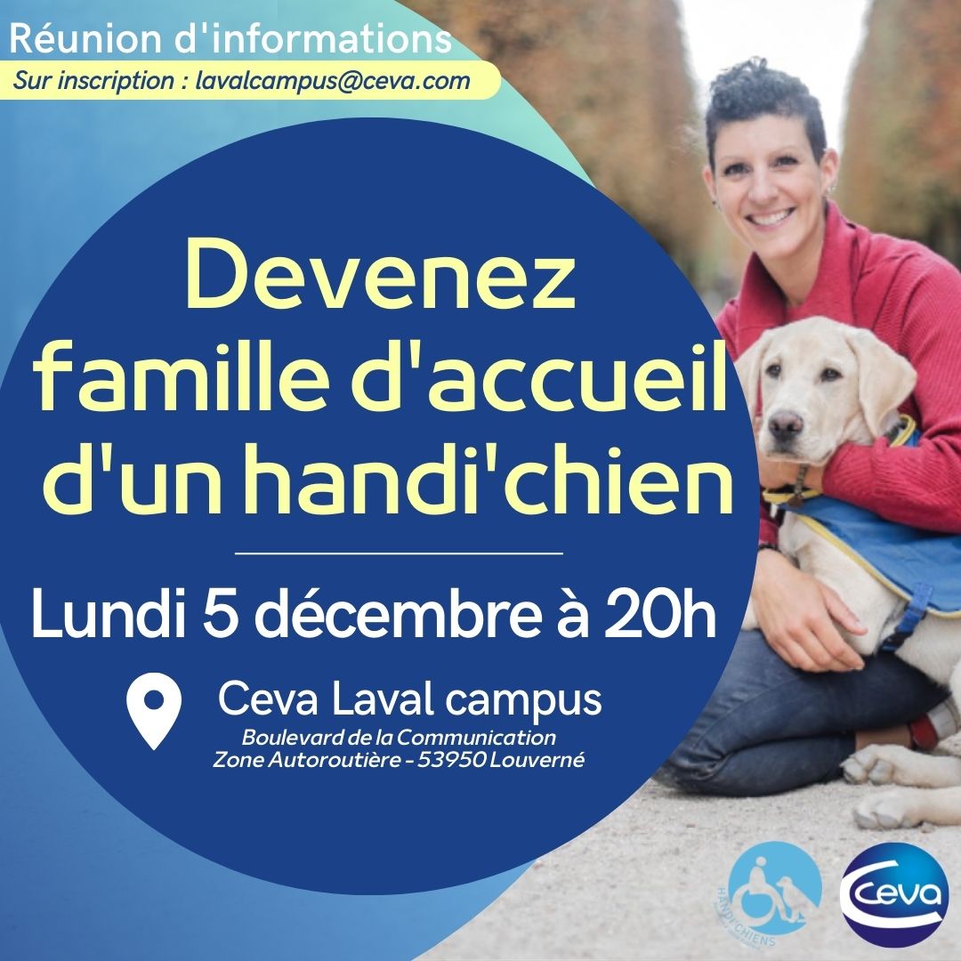 Ceva_Laval's tweet photo. 🗓EVENT @CevaSanteAnimal se mobilise aux côtés de @handichienscom pour recruter de nouvelles familles d'accueil ➡️ Vous souhaitez accueillir un #handichien ? 👉 inscrivez-vous https://t.co/dfflh7a2Ka 
+ d'infos : https://t.co/Xi9SCI9wlI 🐕‍🦺
#cevahandichiens #partenaire #chiens https://t.co/xikTQofPCS