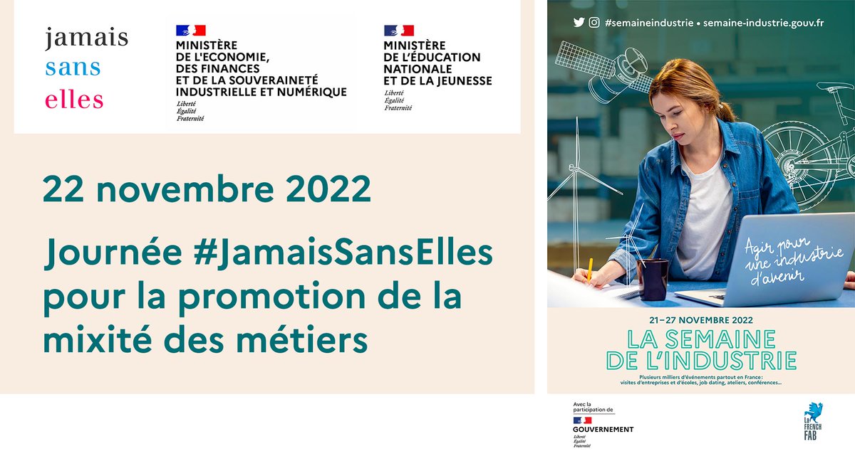 Eduscol's tweet photo. 🚺🚹 2e édition de la Journée #JamaisSansElles pour la promotion de la mixité des métiers dans le cadre de la 11e #SemaineIndustrie  du 21 au 27 novembre 2022
"Filles, garçons, tous les parcours sont possibles !" 
https://t.co/GzyLMJU9V7
#SEDI2022 @economie_gouv @jamaissanselles https://t.co/xarju8VsZP