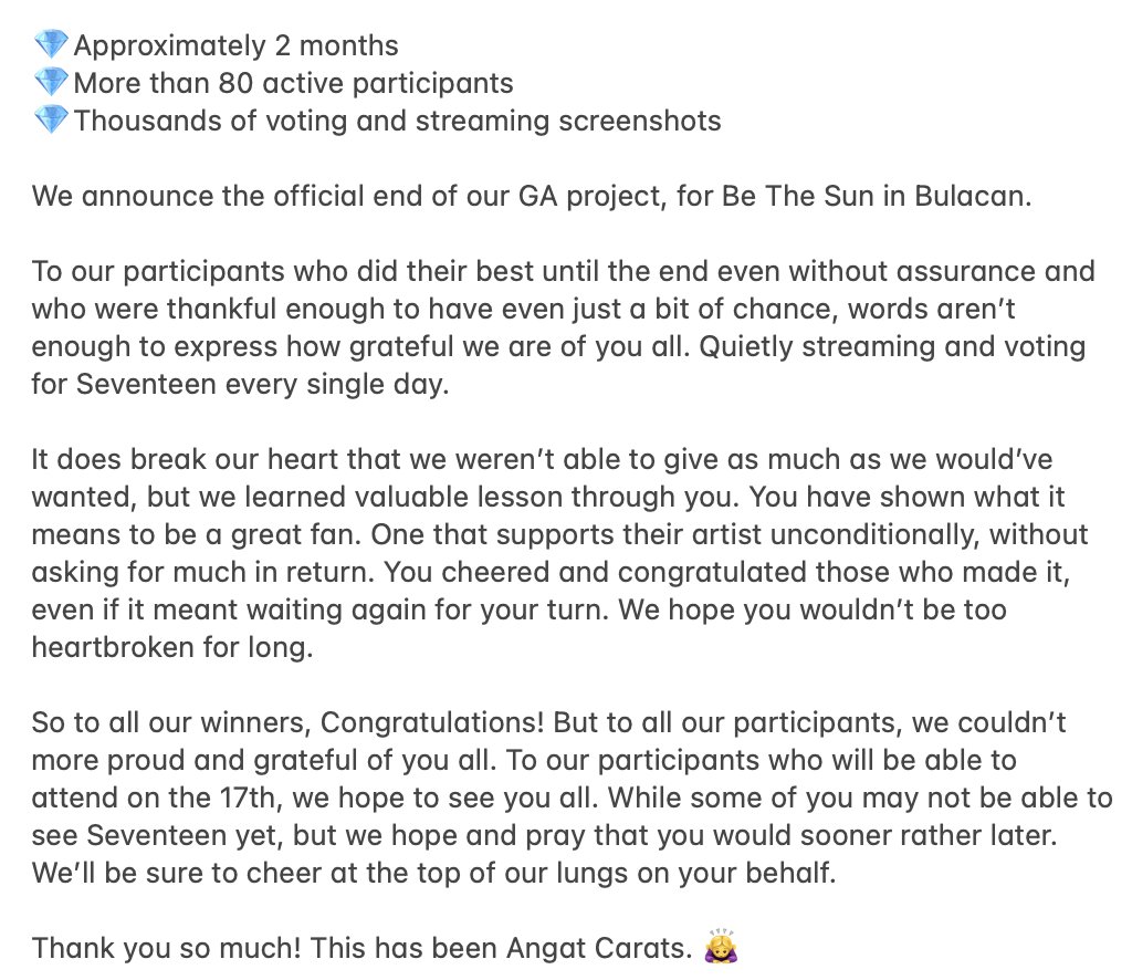 Angat_Carats's tweet photo. And just like that, we end our 1st chapter. To our winners, @bigbabygyu @shuarkive @_hosh1gyu @eyy_ess_gee @meykthings @skchlzone @SEVENTEEND13 @kwonpurrs, Congratulations! 

To our donors, partners, &amp; participants, we're eternally grateful!

Onwards and upwards,
Angat Carats 💎 https://t.co/IAjt9LmXgL