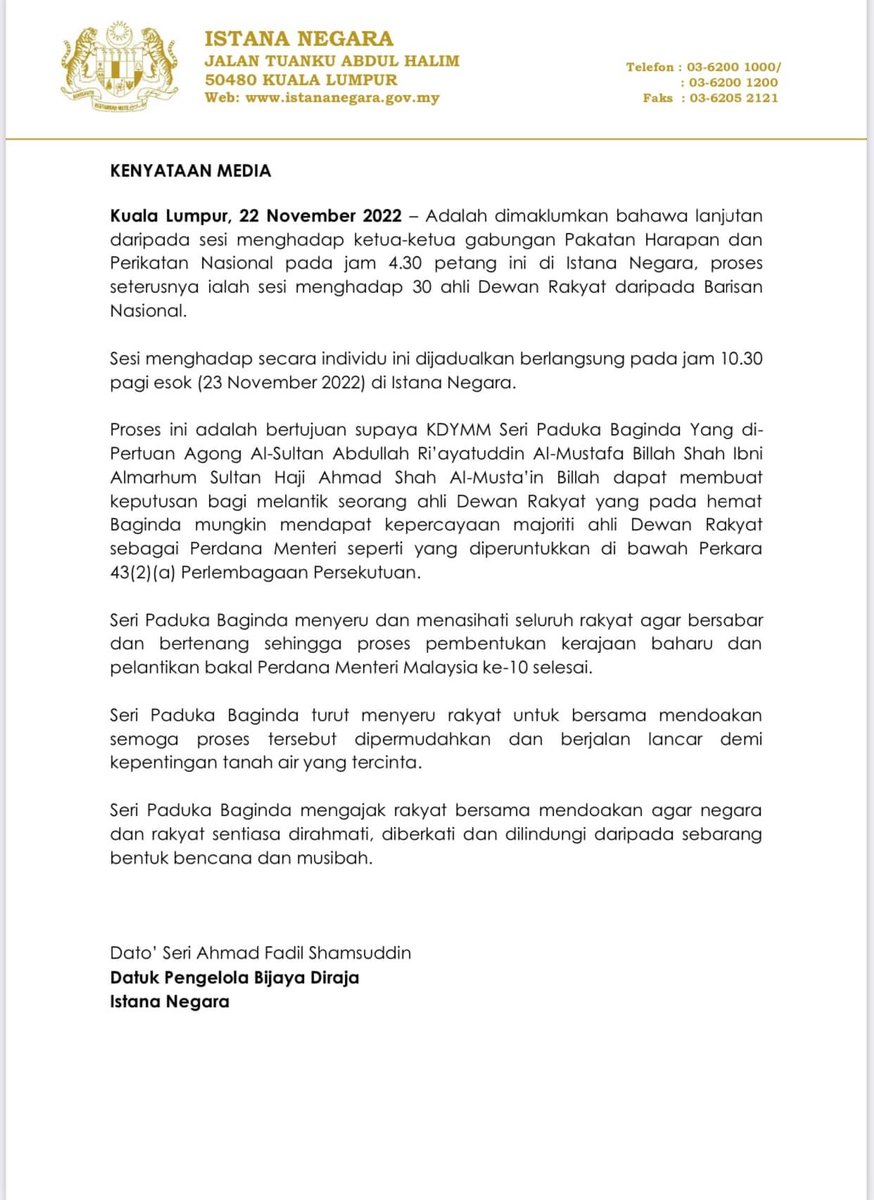 bharianmy's tweet photo. 22 NOVEMBER 2022 - KENYATAAN MEDIA ISTANA NEGARA https://t.co/CLrmBxVe7U