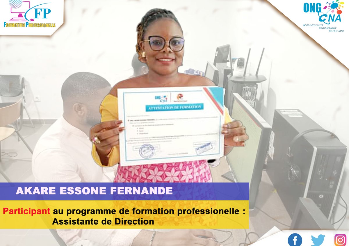 OngCna's tweet photo. Remise d'attestation de formation au participant du programme de formation professionnelle: Assistante de Direction.🤗🥳👍
#ongcna
#9programmes
#formationprofessionnelles https://t.co/qxLwvNNaWH