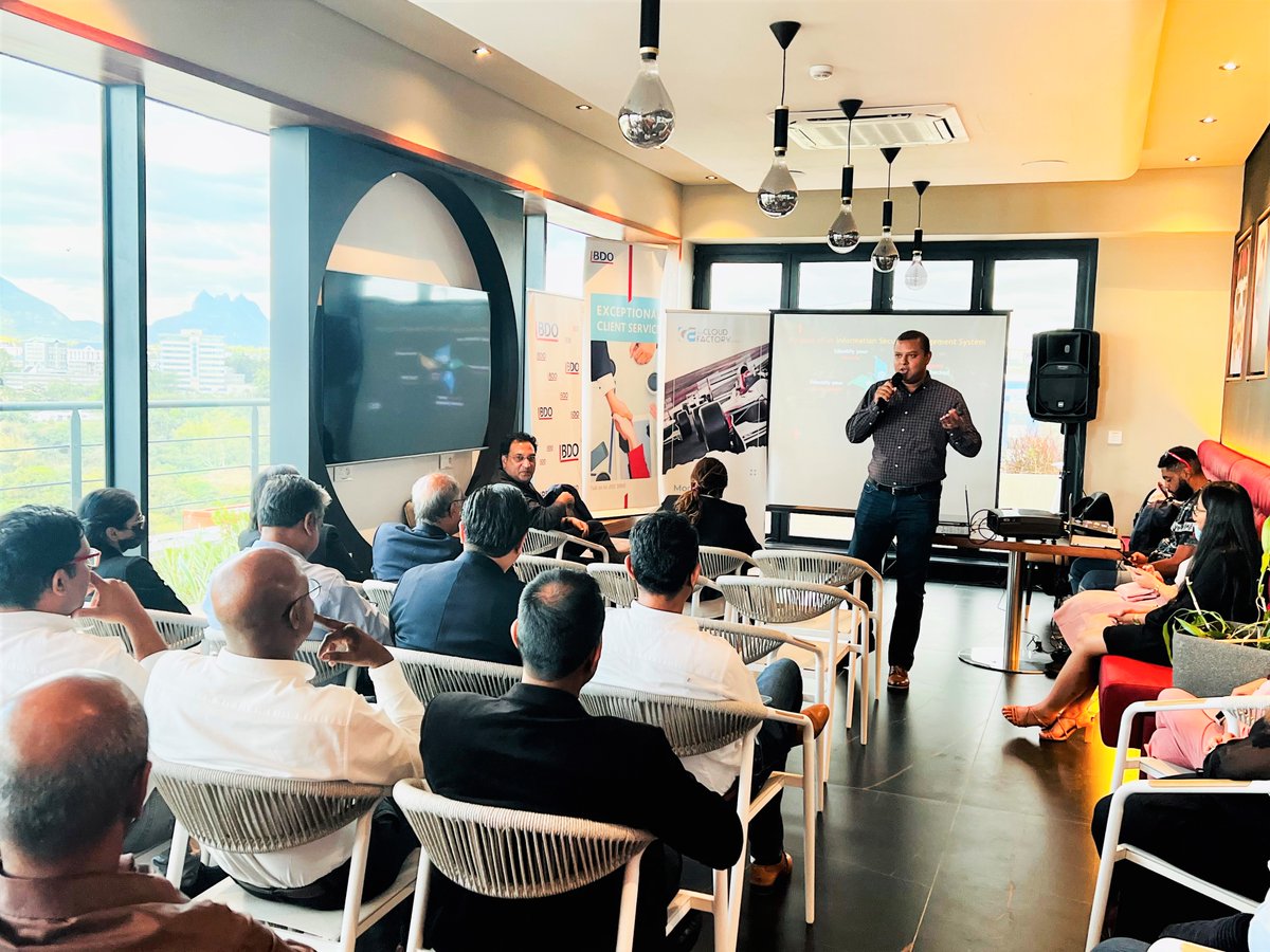 tcfemea's tweet photo. BDO IT Consulting Ltd, Microsoft and The Cloud Factory hosted a cocktail event under the theme "ISO 27001, The Information Security Standard Made Easy" on Friday, 18th November 2022, at Rooftop Restaurant, Ebène, Mauritius.

Read More: https://t.co/fjORPoCDxy https://t.co/VE5BPCxpTd