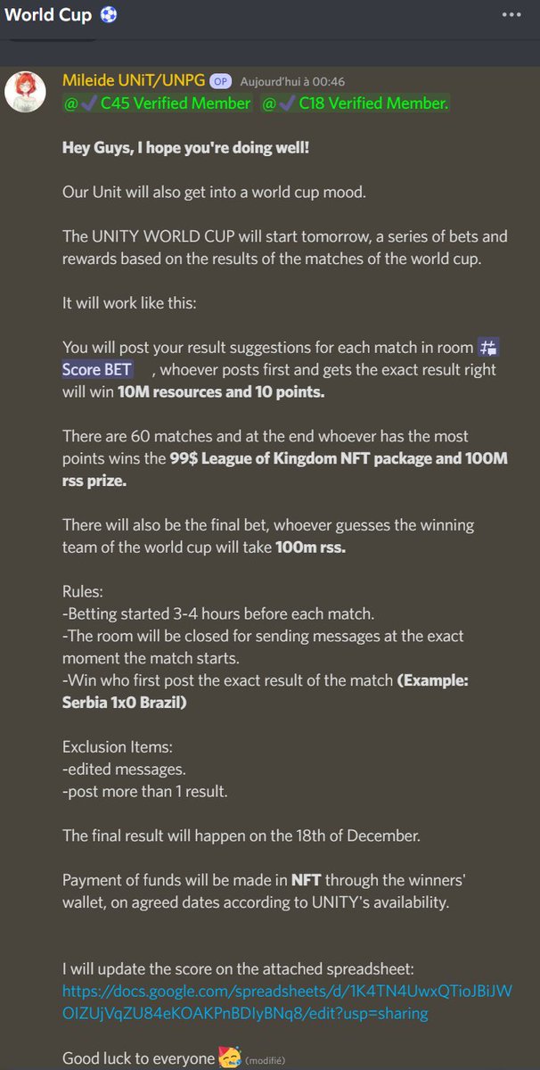 Meliodas8073's tweet photo. UNITY getting in to #WorldCup mood
UNITY WC start today, based on prediction of matches results. Each of the 60 matches give rewards,at the end whoever accumulate most points wins 99$ @LeagueKingdoms #NFT package and 100M rss #prize .
Link https://t.co/UJJCAPOzBu 
$LOKA #football https://t.co/HpshotGtHJ