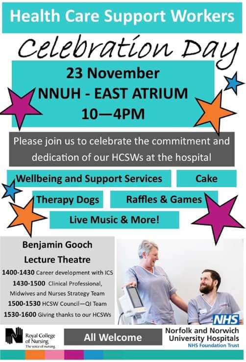 Health Care Support Worker Celebration Day @ <a href="/NNUH/">Norfolk and Norwich University Hospitals</a>
***TOMORROW***
HCA Celebration Day will take place in the East Atrium. Workplace Health &amp; Wellbeing will be attending. Come along and chat to us, also enter our free prize draw for HCAs to win a lovely festive treats hamper.