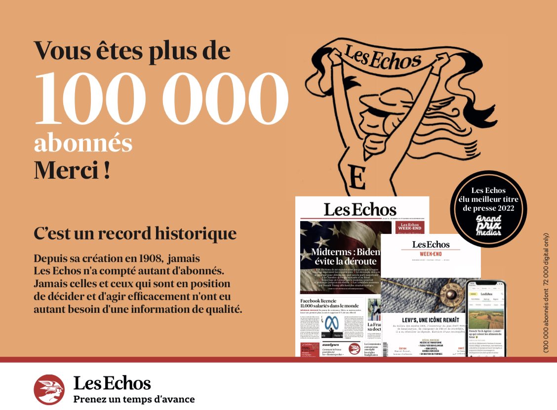 LouettePierre's tweet photo. Plus de 100.000 abonnés :
un nouveau record pour @LesEchos !

Jamais ce journal de référence n’a compté autant d’abonnés dont 72.000 digital only.
Une juste récompense pour l’information de qualité.

Bravo à toutes les équipes, @BLajouanie, @nicolasbarre_ 👏

#MediasEnSeine https://t.co/rBFvhB2CDY