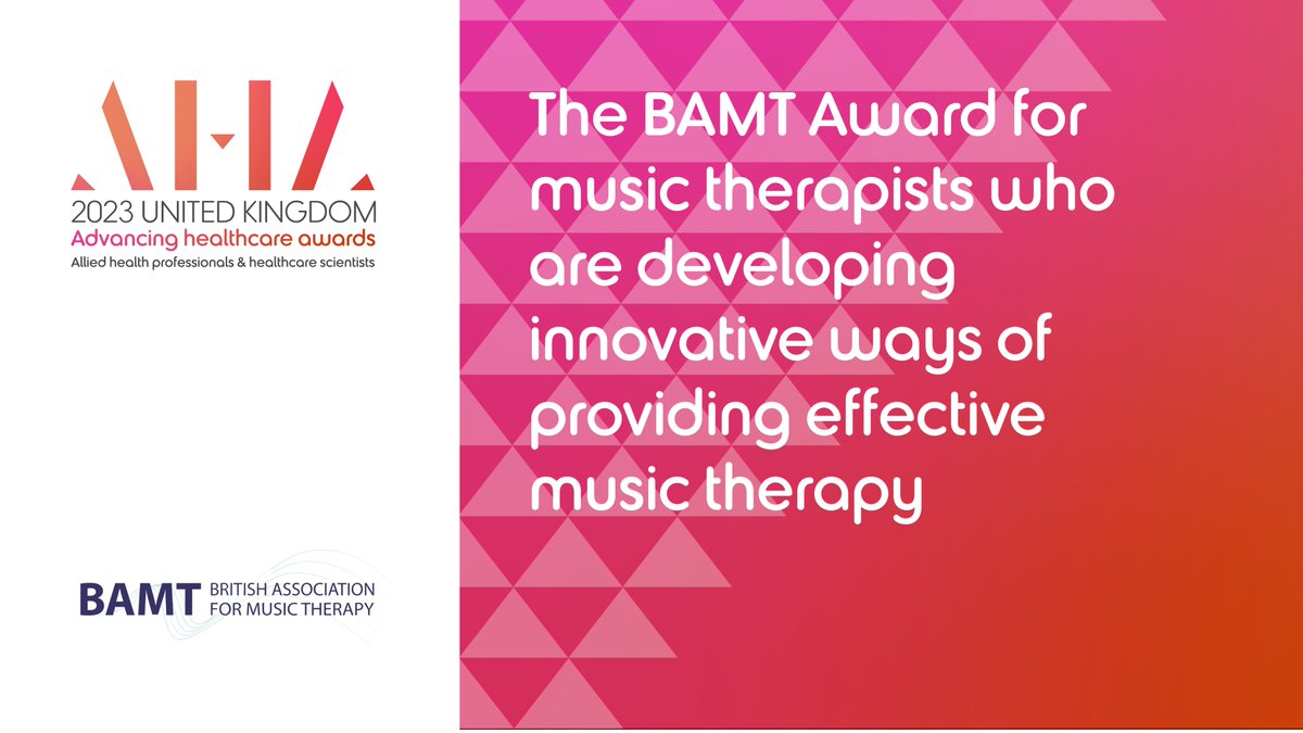 The BAMT @musictherapyuk Award is looking for projects & people, perhaps working with marginalised/new client groups; or with focus on increasing access to #musictherapy or increasing research & understanding of different ways of working We look forward to your entries #AHAwards
