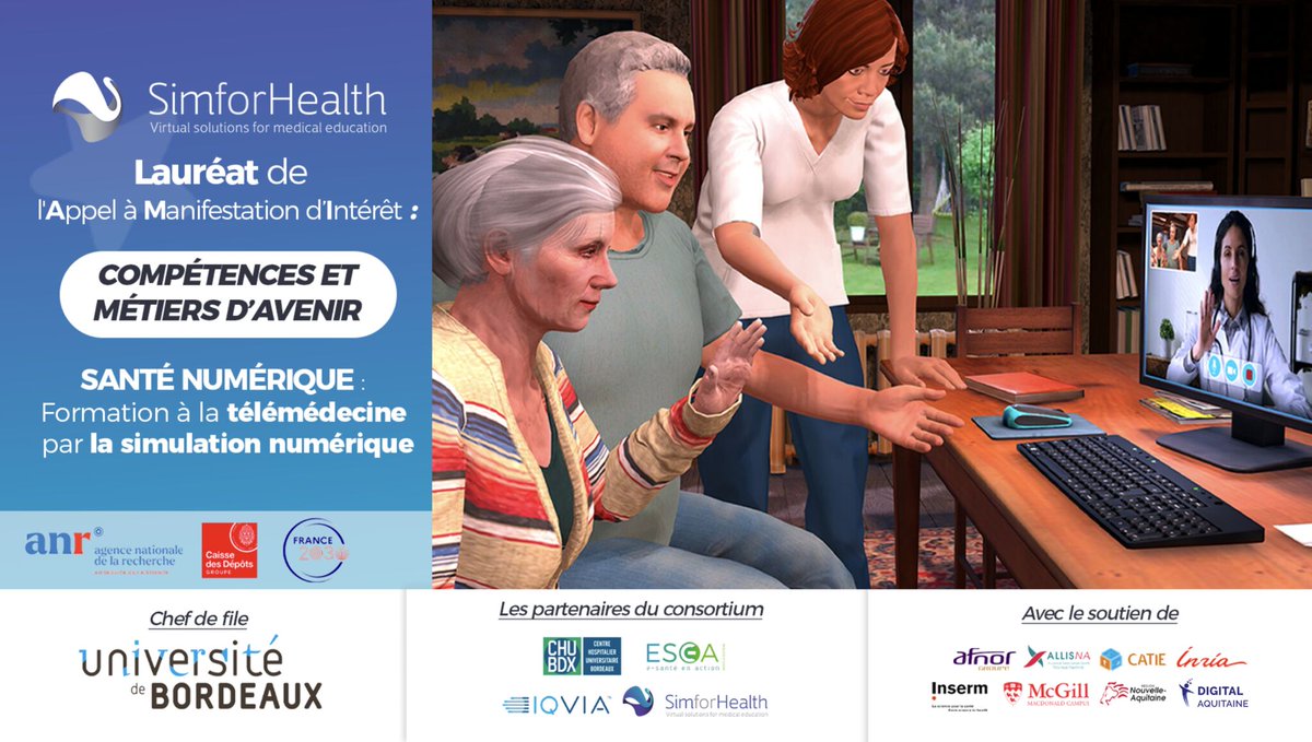 SimforHealth's tweet image. 🏆SimforHealth lauréat de l’AMI CMA avec le projet de l&apos;@univbordeaux pour la formation des professionnels de santé à la pratique clinique de la #télémédecine par #simulationnumérique

#esanté#hcsmeufr#France2030
