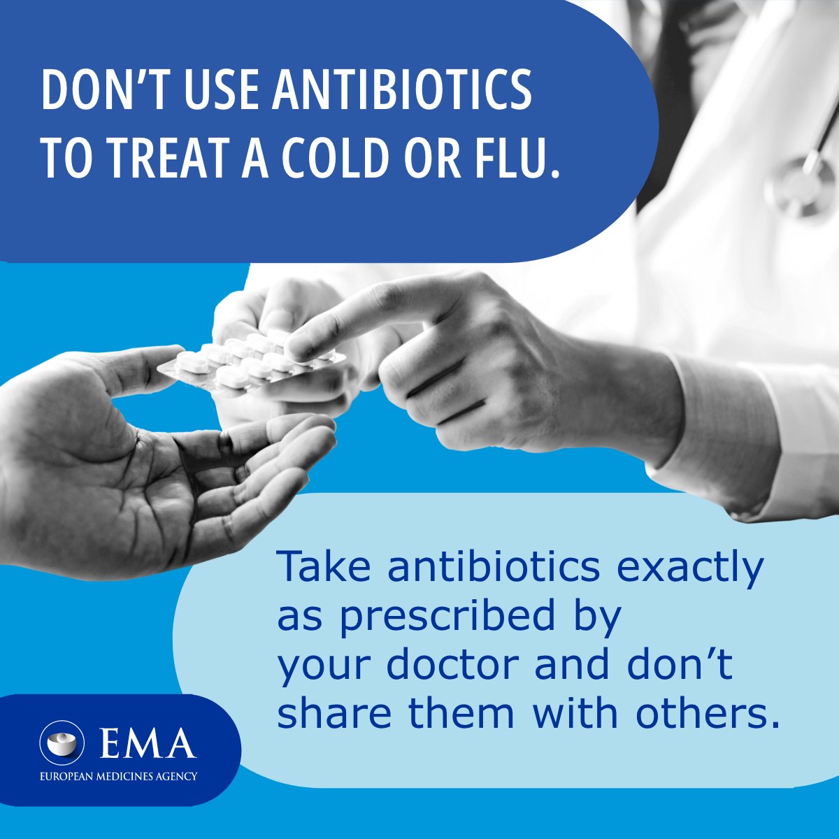 📊 35.000 personas mueren en Europa al año por la #ResistenciaAntibióticos

⚠️ Antibióticos, ¡tómatelos en serio!:

⛔NO curan gripe o resfriado🤧
⛔NO compartas antibióticos
✅Sigue siempre la prescripción del profesional sanitario

#EAAD #WAAW2022 #AMR #AntimicrobialResistance