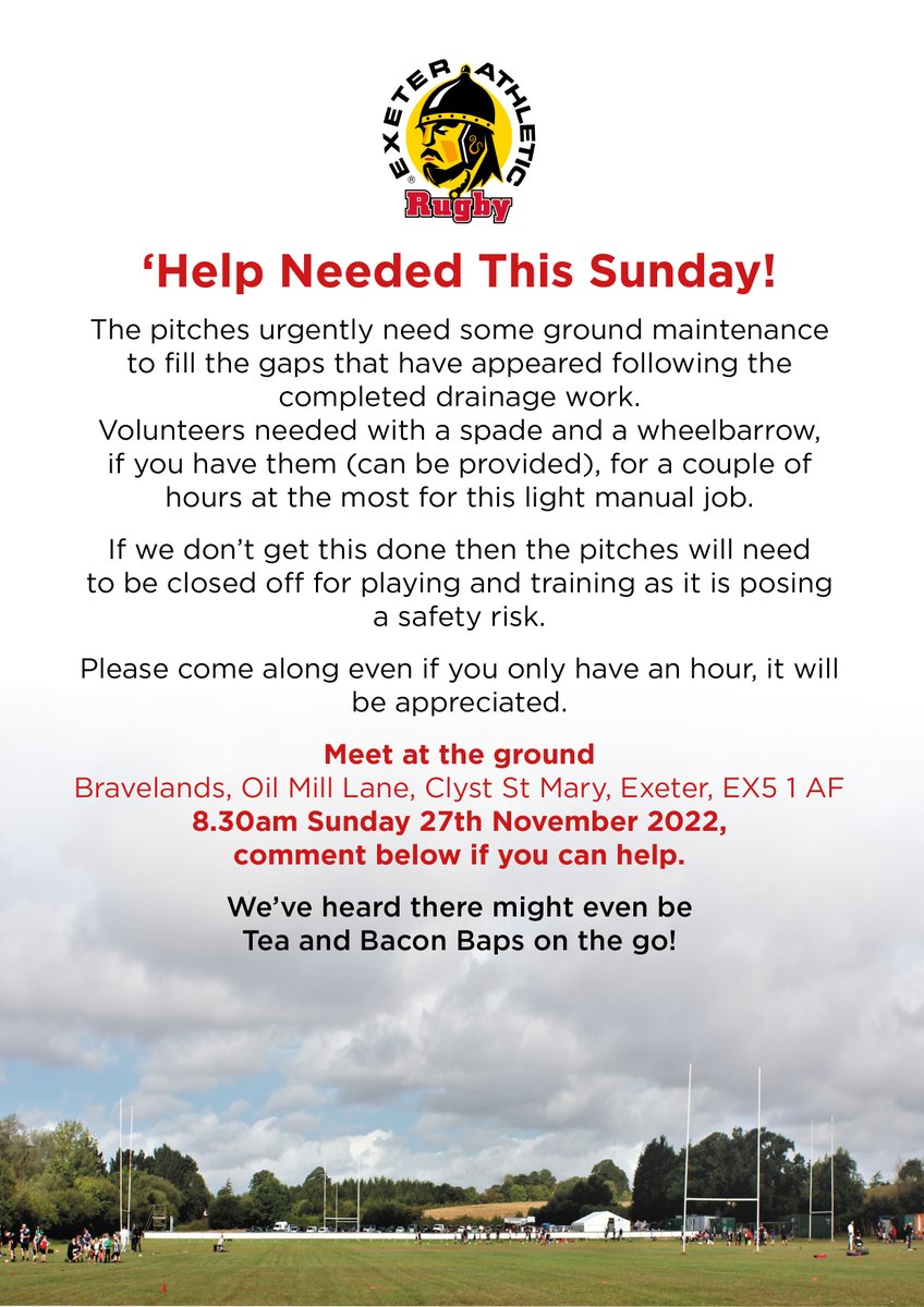 ExeterAthletic1's tweet photo. Calling for volunteers this Sunday 27 November - all welcome. Please share and invite friends and family. Thank you.
#exeterathleticrfc #exeterrugby #youthrugby #pitchupfortheweekend #RugbyFamily @SmartBuildDevon @DevonRFU #exetervolunteeers https://t.co/BjDMewb7DW