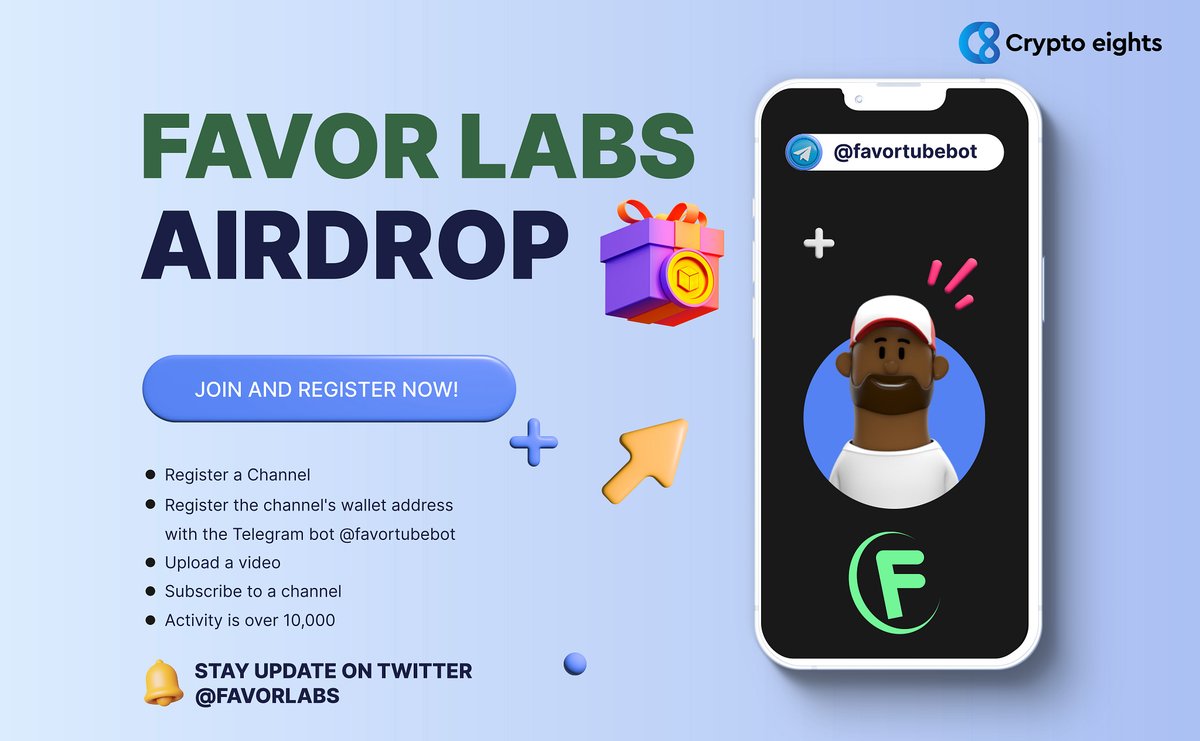 CryptoEights's tweet photo. 🍿 DO NOT MISS THIS AIRDROP!

Favortube for 1,000 lucky winners will get 3,000 $FAVT each 

Register ✅

https://t.co/0QvcUxQTj7 
#FavorLabs #FAVT #FavorTube #Airdrop https://t.co/5zraTELsjk