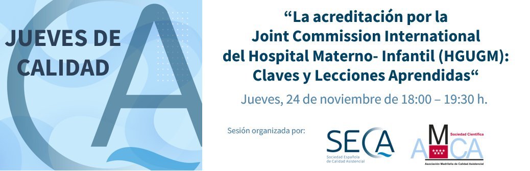 📅 El jueves 24 noviembre a las 18:00 - 19:30 h se celebra el II #JuevesdeCalidad para abordar las claves para la implantación de un proyecto de acreditación #JointCommission.
Más información e inscripciones en: bit.ly/JuevesdeCalida…
#CalidadAsistencial #SECAlidad