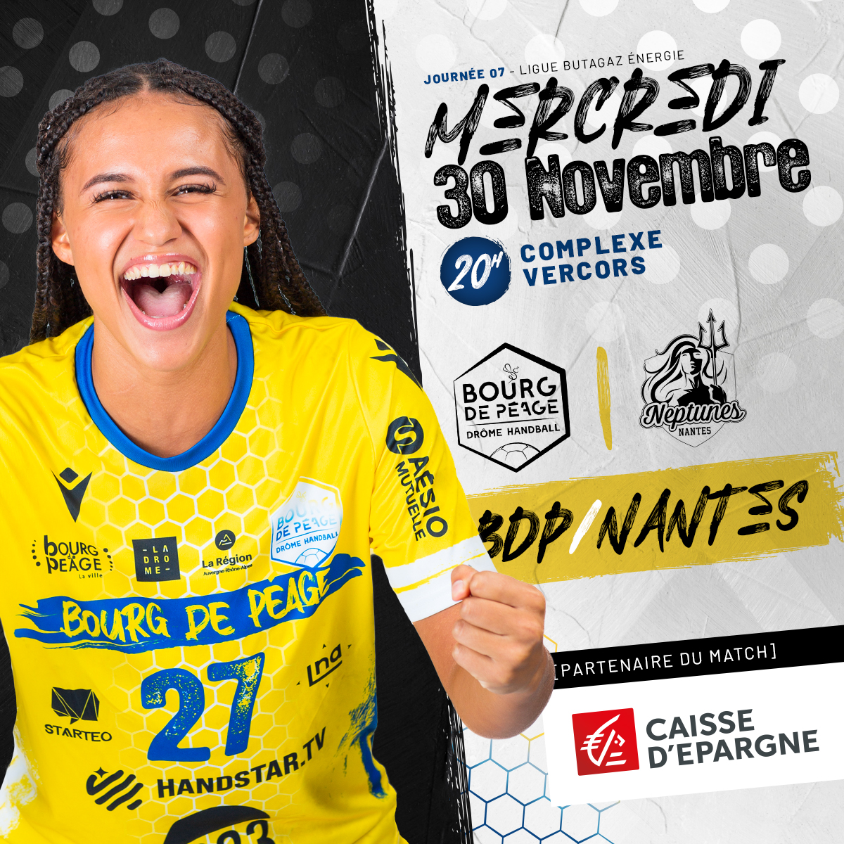 BDPhandball's tweet photo. 💥 Retour de la #LigueButagazEnergie au Vercors pour la 7è journée 🆚 @neptunes_hand ⚡️

📅 Mercredi 30 novembre 
⏰ 20h
🎉 Fan Zone : 18h30 
🎫 https://t.co/k7C62qEYRP
🚨 Nouveaux tarifs spéciaux pour nos licenciés &amp; les étudiants 🚨

#teamBDPHandball💛💙🐝 @LFH_Officiel https://t.co/TU00xdVeVN
